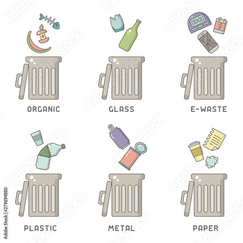 Set of trash can icons with different types of waste