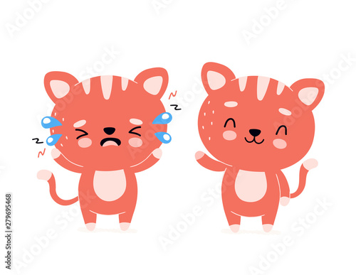 Cute happy smiling cat and sad cry character