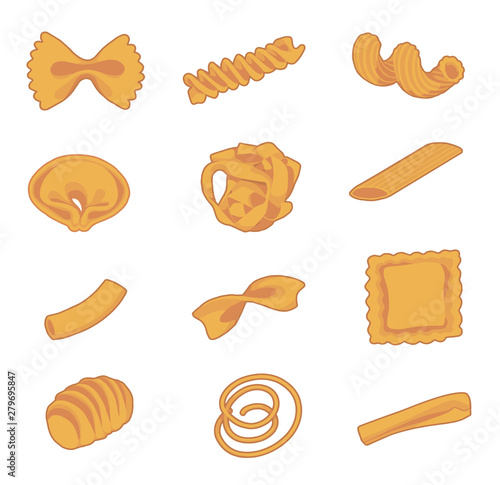 Collection of different types of traditional italian pasta like fusilli, macaron, tortellini or spaghetti, a set of vector illustration drawings