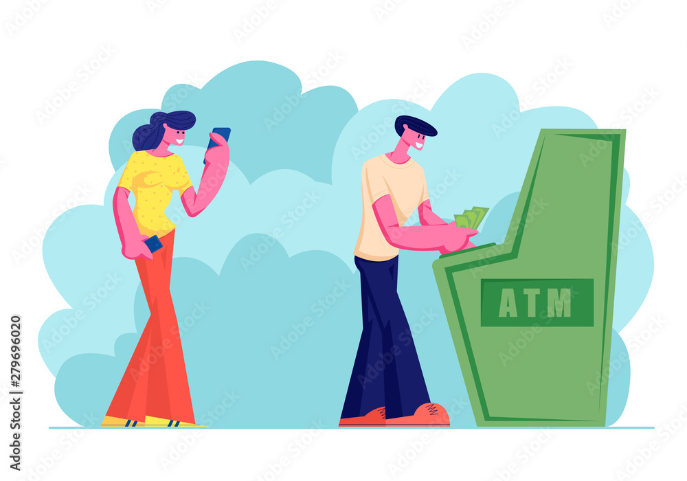 Young Woman Waiting in Turn for Using Atm in Bank, Man Draw or Put Money, People Stand in Queue, Using Automated Teller Machine for Transaction Services, Banking. Cartoon Flat Vector Illustration