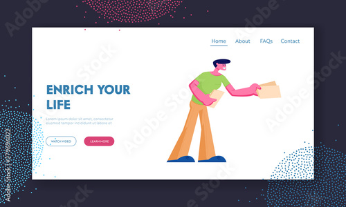 Shop Open Event Website Landing Page, Man Salesman Giving Invitation Flyers at Store Entrance Inviting People to Visit New Boutique, Consumerism Web Page. Cartoon Flat Vector Illustration, Banner