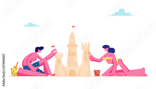 Young Loving Couple Having Leisure on Sandy Beach Building Sand Castle at Tropical Island Seaside. Man and Woman in Swimsuits on Resort Coast Line Summer Time Vacation Cartoon Flat Vector Illustration