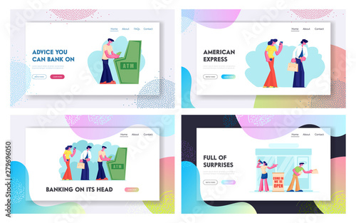 Atm Transaction Services, Banking Website Landing Page Set, Characters Draw or Put Money to Automated Teller Machine in Queue. People Visiting Bank Web Page. Cartoon Flat Vector Illustration, Banner