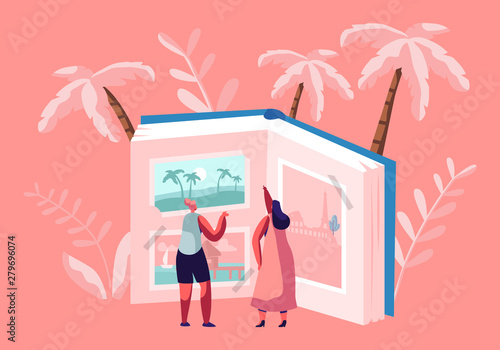 Tiny Women Characters Looking Traveling Pictures in Huge Photo Album, Tropical Beach Resort, European Sights, Summer Time Vacation, Memory of Trip Experience, Journey