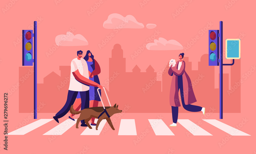 Fototapeta premium Disabled and Healthy Pedestrians with Pets Crossing Road Interchange in City, Blind Man Walking with Guide Dog and Woman Hold his Hand. Characters on Street Crosswalk. Cartoon Flat Vector Illustration