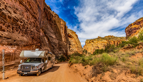 Camper Van on Canyon scenic drive in Capitol Reef National Park, Utah, USA