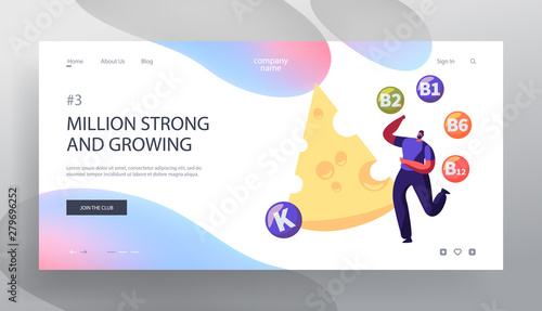 Diary Products Website Landing Page, Young Man Juggle with Huge Cheese Vitamin Balls Healthy Lifestyle, Organic Food Choice. Source of Health Energy Web Page. Cartoon Flat Vector Illustration, Banner