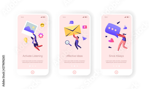 Marketing Mobile App Page Onboard Screen Set, Alert Advertising, Speech Bubbles and Social Media Icons. Public Relations, Pr Agency Concept for Website or Web Page, Cartoon Flat Vector Illustration