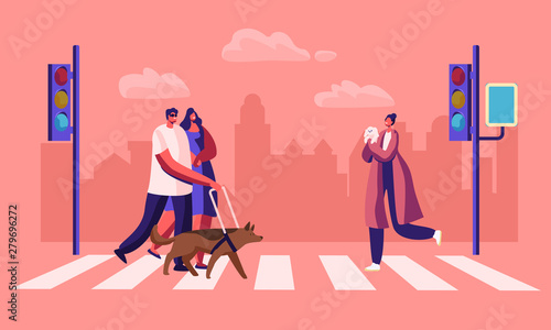 Disabled and Healthy Pedestrians with Pets Crossing Road Interchange in City, Blind Man Walking with Guide Dog and Woman Hold his Hand. Characters on Street Crosswalk. Cartoon Flat Vector Illustration
