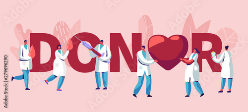 Donor Concept. Male, Female Doctors Characters in Medical Uniform. Blood Donation Laboratory, Healthcare, Charity, World Donor Day Poster, Banner, Flyer, Brochure. Cartoon Flat Vector Illustration