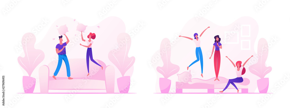 Fototapeta premium People Fooling and Having Fun at Home, Male and Female Couple Jumping on Sofa Fighting with Pillows, Company of Young Girls Singing and Dancing on Couch in Room. Cartoon Flat Vector Illustration