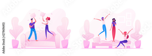 People Fooling and Having Fun at Home, Male and Female Couple Jumping on Sofa Fighting with Pillows, Company of Young Girls Singing and Dancing on Couch in Room. Cartoon Flat Vector Illustration