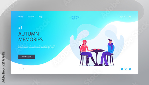 Dating in Cafe Website Landing Page, Loving Couple in Autumn Time, Young Man and Woman Sitting at Table in Cafeteria Drinking Hot Beverage, Love, Web Page. Cartoon Flat Vector Illustration, Banner