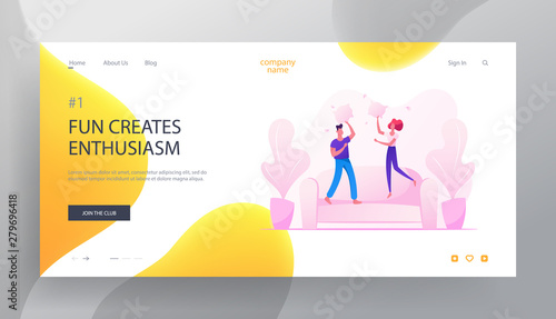 People Fooling, Having Fun at Home Website Landing Page, Characters Jumping on Sofa Fighting with Pillows, Couple on Couch in Room, Leisure, Relax Web Page. Cartoon Flat Vector Illustration, Banner
