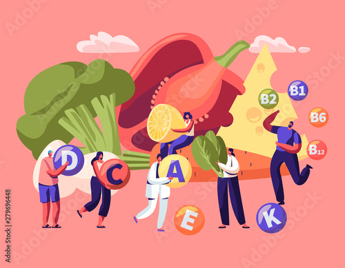 Healthy Lifestyle, Organic Food Choice. Vitamins in Products Infographic. Fruits, Vegetables, Cheese and Eggs as Source of Energy and Health. Vegetarian Diet Concept. Cartoon Flat Vector Illustration