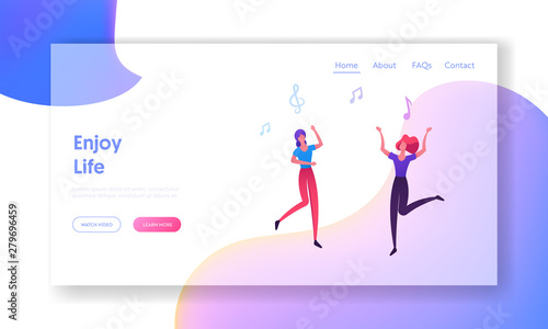 People Clubbing in Night Club Website Landing Page, Girls Visit Music Event or Concert, Women Dancing and Jumping, Friends Having Fun, Leisure, Web Page. Cartoon Flat Vector Illustration, Banner