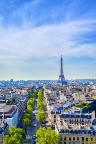 A view of the Eiffel Tower and Paris, France from the Arc de Triomphe.
