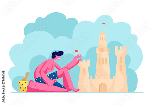 Young Man in Swimming Shorts Having Leisure on Sandy Beach Building Sand Castle at Tropical Island Seaside. Character Playing on Resort Coast Line Summer Time Vacation Cartoon Flat Vector Illustration