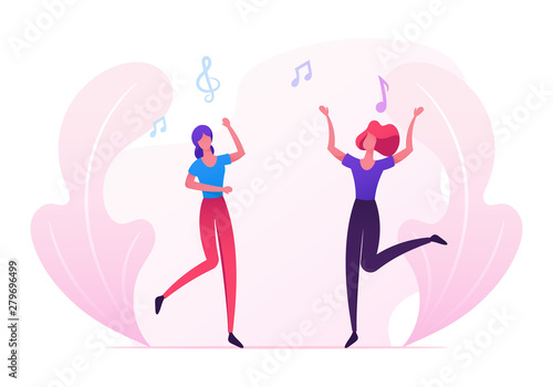 Couple of Young Girls Visit Music Event or Concert, Women Fans Cheering, Dancing and Jumping with Hands Up, Friends Having Fun, Leisure, People Clubbing in Night Club. Cartoon Flat Vector Illustration