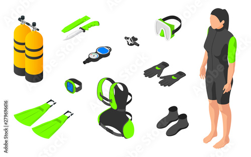 Scuba diving. Female set of diving equipment on white background.