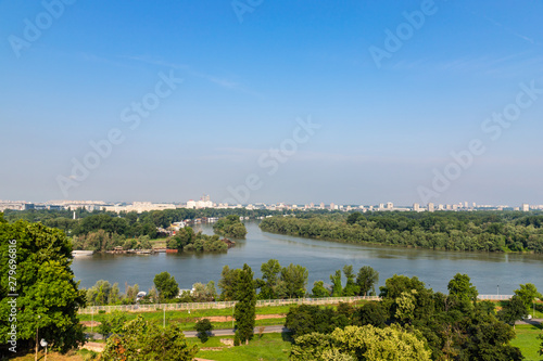 Confluence of two main river. Danube and Sava river. Belgrade, Serbia