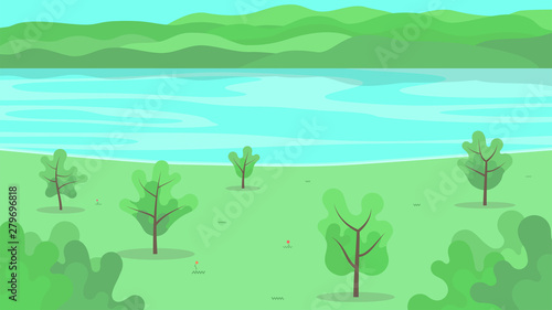 Vector background.  Park near the water in a flat style.  Ecological concept.  A simple background with a place for the inscription