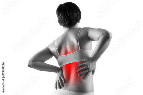 Back pain, woman suffering from backache isolated on white background photo