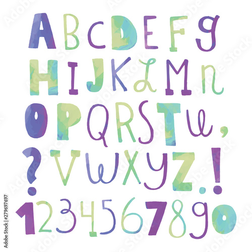 Bright hand drawn doodle font  english alphabet universal design