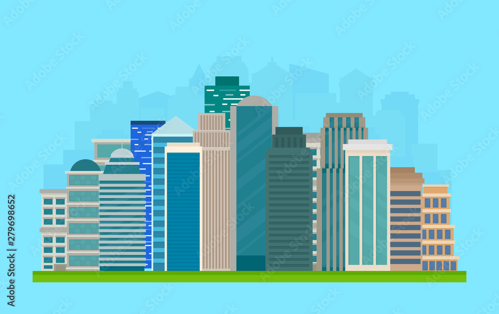 City skyline office buildings. Flat vector illustration cityscape.