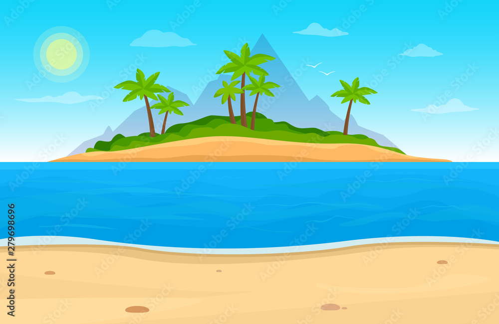 Tropical island in ocean. Landscape with ocean Palm trees, beach. Travel vector background.
