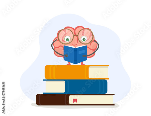 Brain character in glasses standing on books reads. Vector illustration education concept.