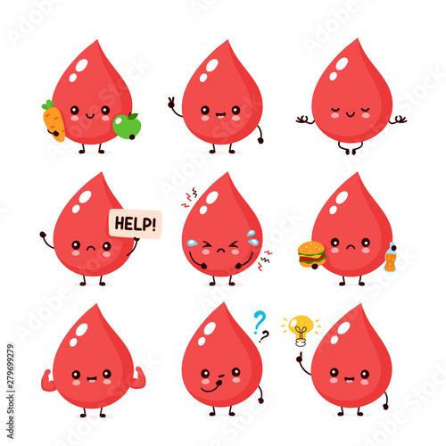 Cute happy smiling and sad blood drop 