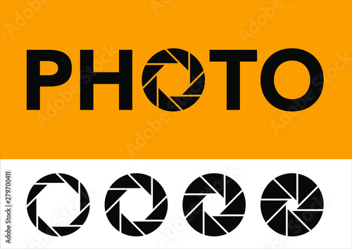 Logo du mot PHOTO avec différentes ouvertures du diaphragme d’un appareil photo.