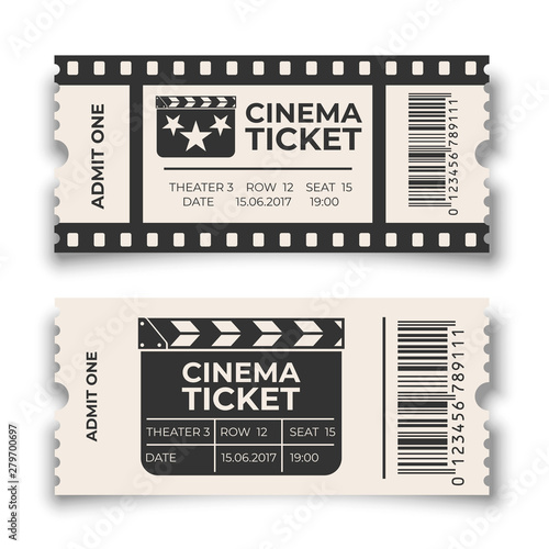 White cinema ticket with barcode templates set isolated on white background. Vector design elements.