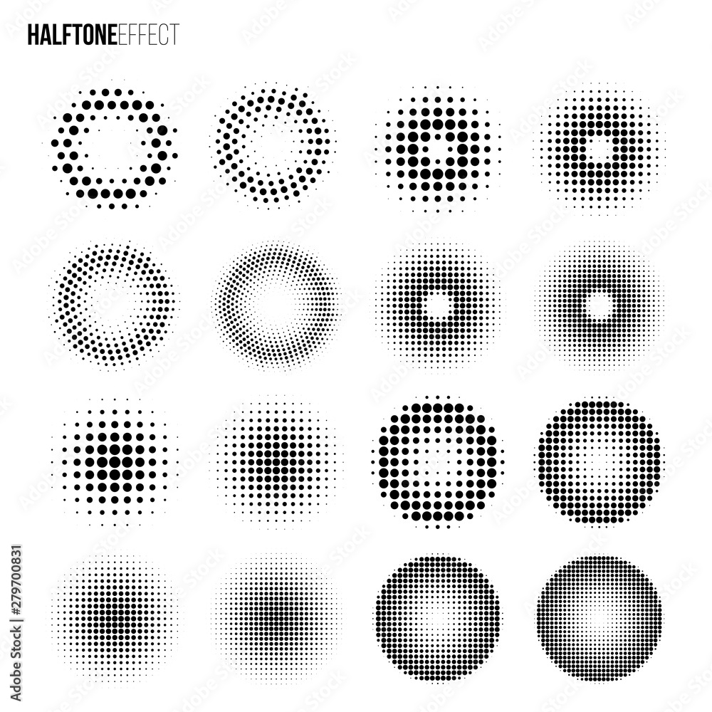 Vector halftone effect set. Different gradient rings and circles in halftone effect.