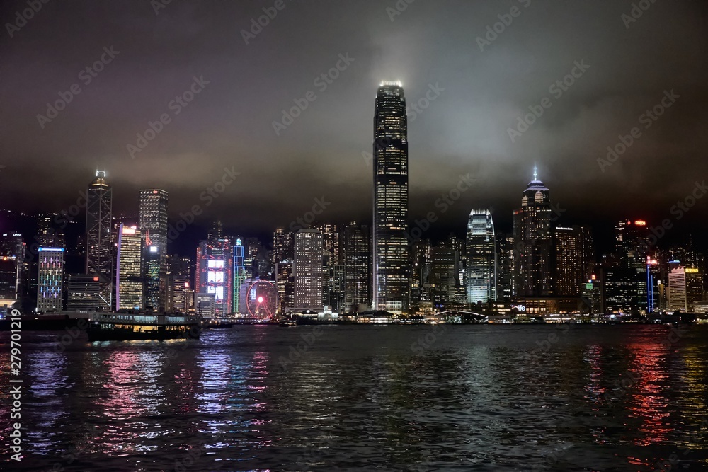 custom made wallpaper toronto digital07 03 2019 China, Hong Kong city, Victoria harbour - skyline with skyscrapers in the night, cloudy sky