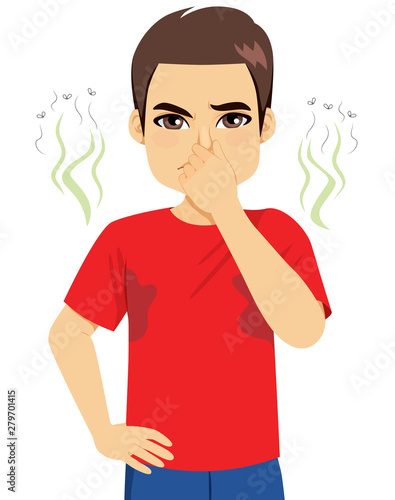 Young sweating man pinching nose feeling bad smell coming from own armpits