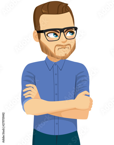 Very angry man with glasses and arms folded looking to the side upset