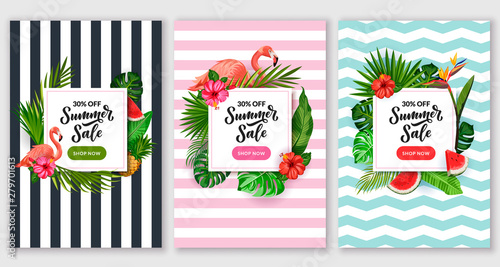 Summer sale poster set. Tropical banner frame design template. Vector illustration of palm leaves, flamingo and flowers