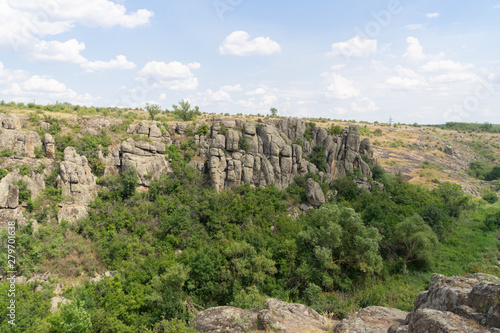 Large granite canyon. Village Aktove. Ukraine. Beautiful stone landscape.