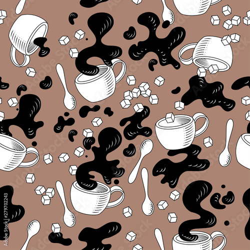 Coffee cups with coffee splashes and spoons seamless pattern