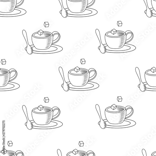 Small coffee cups with spoons and sugar black and white seamless pattern