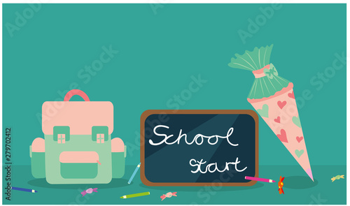 School bag vector illustration with blackboard saying: school start and pink school cone decorated with hearts, messy pencils and candies are spread over the table on blue-green background with isolat