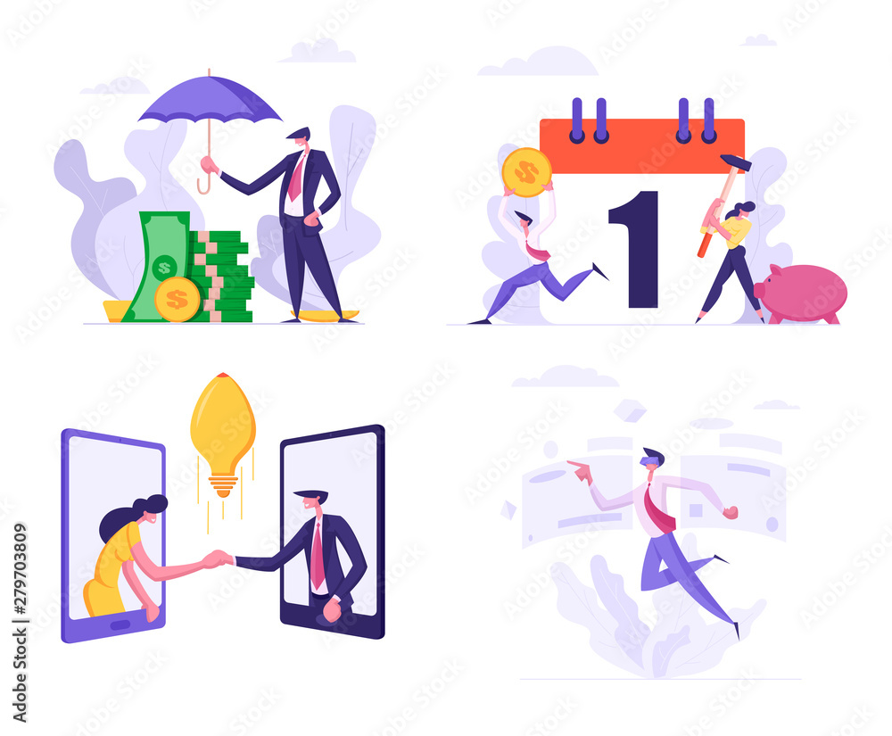 Set Business Man Cover Heap of Banknotes Money with Umbrella, People Break Piggy Bank for Tax Payment Schedule, Man and Woman Shaking Hands, Businessman in Vr Glasses, Cartoon Flat Vector Illustration