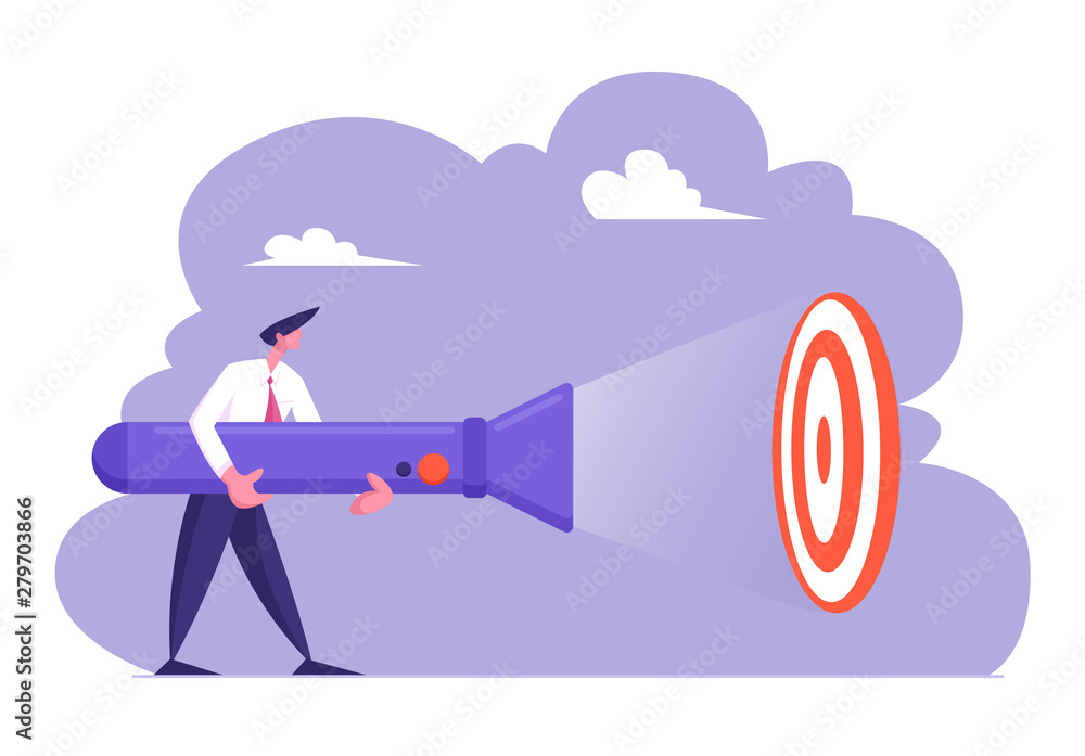 Young Business Man in Formal Suit Holding Huge Flashlight Lighting Up Aim, Uncovering Hidden Target Concept, Searching Idea, Brainstorm, Goal Achievement Metaphor. Cartoon Flat Vector Illustration