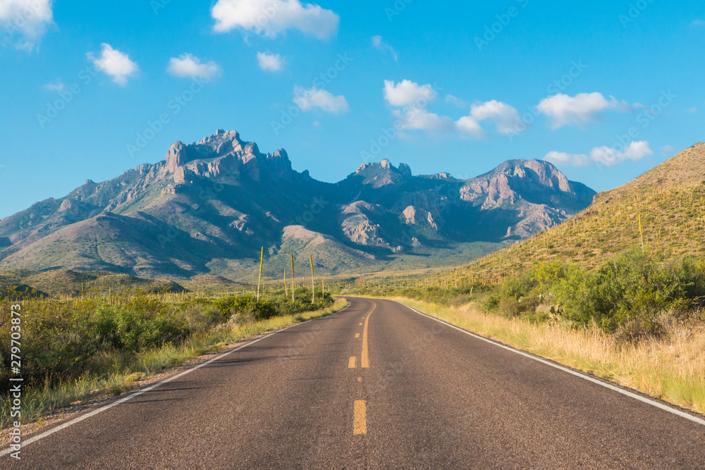 Desert landscape view of the Chisos Basin during the day in Big Bend National Park (Texas).