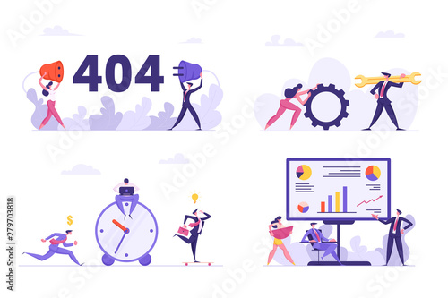 Set of Office Situations, 404 Error, Internet Connection Interruption, Technical Support Characters with Huge Wrench and Cogwheel, Deadline Concept, Business Meeting. Cartoon Flat Vector Illustration