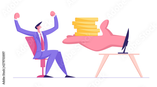 Huge Human Palm Giving Pile of Golden Coins to Happy Businessman Sitting at Computer Screen. Freelancer, Business Man Earn Money in Internet, Online Investment Concept Cartoon Flat Vector Illustration