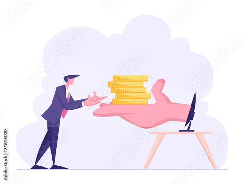 Business Man Stretch Hands to Huge Palm with Pile of Coins at Pc Monitor. Earning in Internet, Online Income, Gambling, Businessman Making Money Online, E-commerce. Cartoon Flat Vector Illustration