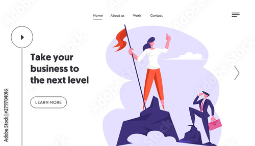 Businesswoman Climbed to Top of Mountain Hoisted Flag to Rock Peak, Success, Business Challenge, Goal Achievement Concept Website Landing Page, Web Page. Cartoon Flat Vector Illustration, Banner